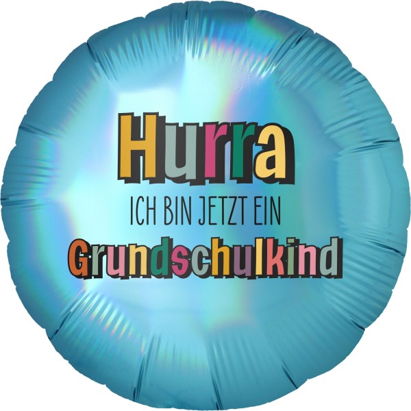 Goodtimes Folienballon Rund Holo Platinum Tenerife Sea mit "Hurra Grundschulkind" 45cm/18" (unverpackt)